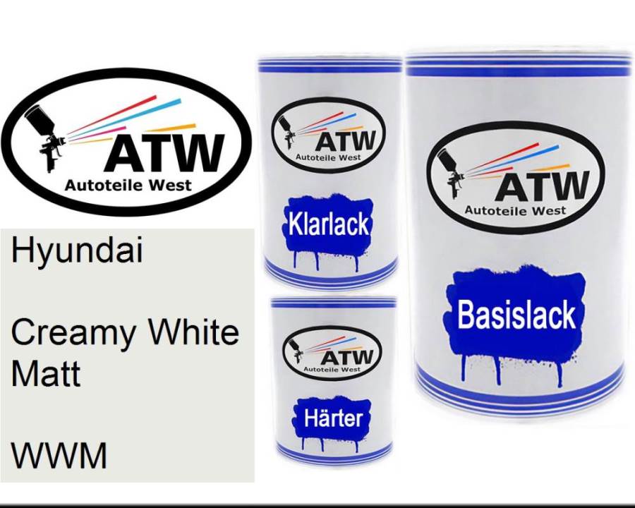 Hyundai, Creamy White Matt, WWM: 500ml Lackdose + 500ml Klarlack + 250ml Härter - Set, von ATW Autoteile West.